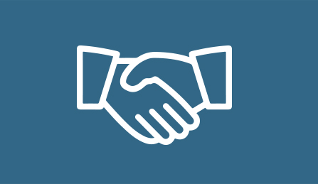 A white outline of two hands shaking on a blue background.